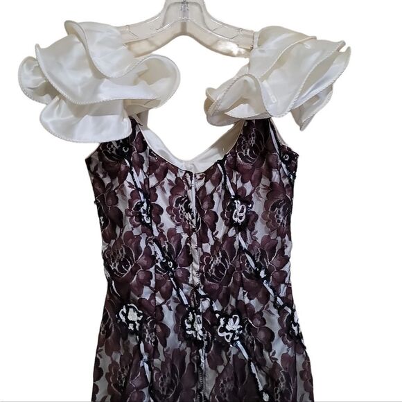 Midnight Glo Black Brown Cream Lace Aline Bodycon Dress W Ruffle Sleeve Sz 6 - Picture 3 of 8